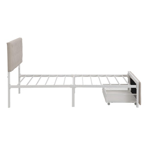 HomeRoots Beige Linen Upholstered Twin Bed Frame with Tufted Headboard & Storage Drawer for Small Spaces 590688