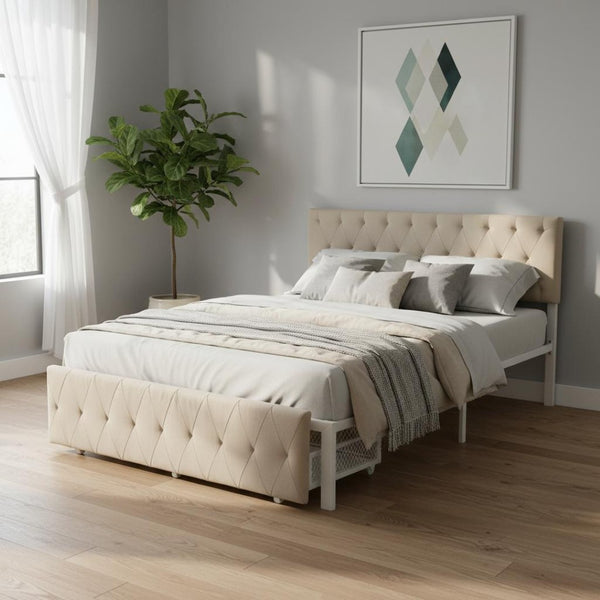 HomeRoots Beige Tufted Upholstered Full Bed Frame with Stylish Storage Drawer for Modern Bedrooms and Comfort 590689