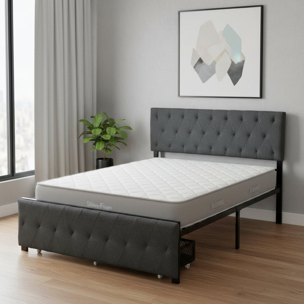 HomeRoots Gray Tufted Upholstered Full Bed Frame with Storage Drawer – Stylish, Cozy, and Modern Design 590690