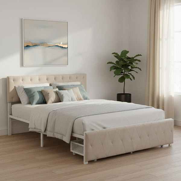 HomeRoots Beige Tufted Upholstered Queen Bed Frame with Storage Drawer for Stylish Comfort & Durability 590691