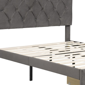 HomeRoots Gray Tufted Upholstered Full Bed Frame with Integrated Storage Drawer for Stylish Bedroom Decor 590692