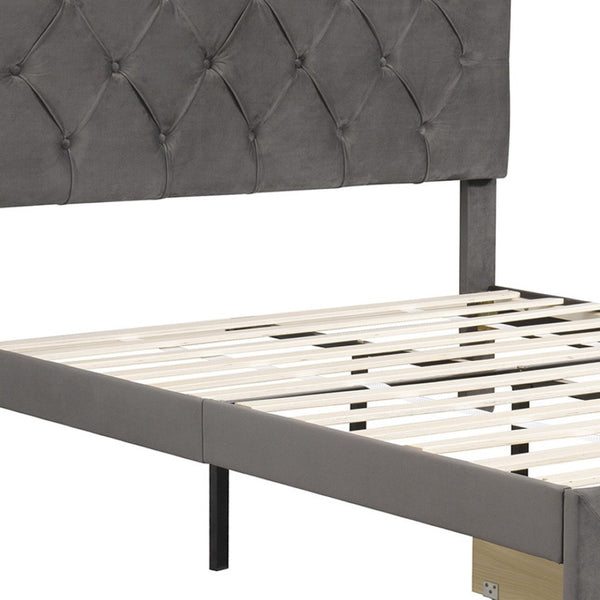 HomeRoots Gray Tufted Upholstered Full Bed Frame with Integrated Storage Drawer for Stylish Bedroom Decor 590692