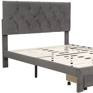 HomeRoots Gray Tufted Upholstered Full Bed Frame with Integrated Storage Drawer for Stylish Bedroom Decor 590692