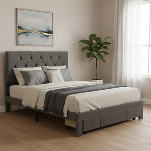 HomeRoots Gray Tufted Upholstered Full Bed Frame with Integrated Storage Drawer for Stylish Bedroom Decor 590692
