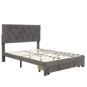 HomeRoots Gray Tufted Upholstered Full Bed Frame with Integrated Storage Drawer for Stylish Bedroom Decor 590692