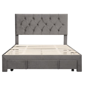 HomeRoots Gray Tufted Upholstered Full Bed Frame with Integrated Storage Drawer for Stylish Bedroom Decor 590692