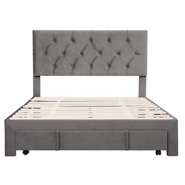 HomeRoots Gray Tufted Upholstered Full Bed Frame with Integrated Storage Drawer for Stylish Bedroom Decor 590692
