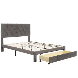 HomeRoots Gray Tufted Upholstered Full Bed Frame with Integrated Storage Drawer for Stylish Bedroom Decor 590692