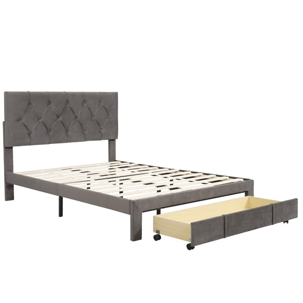 HomeRoots Gray Tufted Upholstered Full Bed Frame with Integrated Storage Drawer for Stylish Bedroom Decor 590692