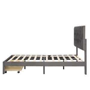 HomeRoots Gray Tufted Upholstered Full Bed Frame with Integrated Storage Drawer for Stylish Bedroom Decor 590692