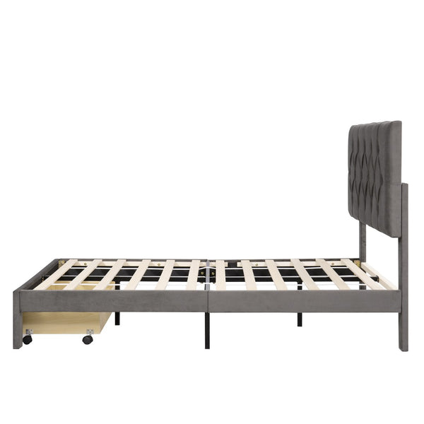 HomeRoots Gray Tufted Upholstered Full Bed Frame with Integrated Storage Drawer for Stylish Bedroom Decor 590692