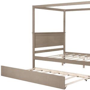 HomeRoots Light Brown Wood Full Canopy Bed with Trundle - Stylish, Durable Design for Modern Bedrooms 590693