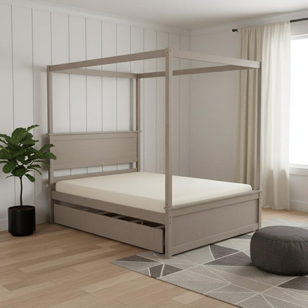 HomeRoots Light Brown Wood Full Canopy Bed with Trundle - Stylish, Durable Design for Modern Bedrooms 590693
