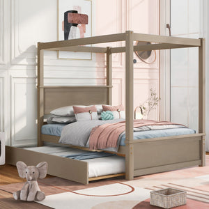 HomeRoots Light Brown Wood Full Canopy Bed with Trundle - Stylish, Durable Design for Modern Bedrooms 590693