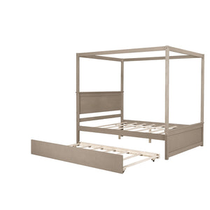 HomeRoots Light Brown Wood Full Canopy Bed with Trundle - Stylish, Durable Design for Modern Bedrooms 590693