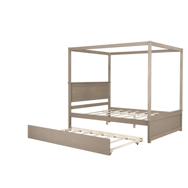 HomeRoots Light Brown Wood Full Canopy Bed with Trundle - Stylish, Durable Design for Modern Bedrooms 590693