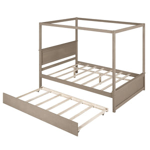 HomeRoots Light Brown Wood Full Canopy Bed with Trundle - Stylish, Durable Design for Modern Bedrooms 590693