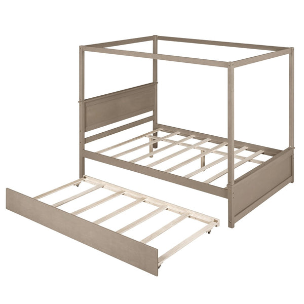 HomeRoots Light Brown Wood Full Canopy Bed with Trundle - Stylish, Durable Design for Modern Bedrooms 590693