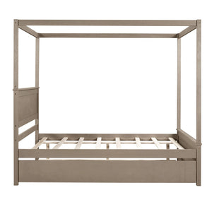 HomeRoots Light Brown Wood Full Canopy Bed with Trundle - Stylish, Durable Design for Modern Bedrooms 590693