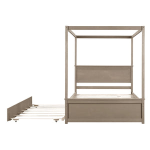 HomeRoots Light Brown Wood Full Canopy Bed with Trundle - Stylish, Durable Design for Modern Bedrooms 590693