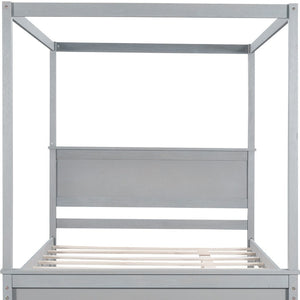 HomeRoots Gray Wood Full Canopy Bed with Trundle - Stylish, Durable Design for Modern Bedrooms & Guests 590694