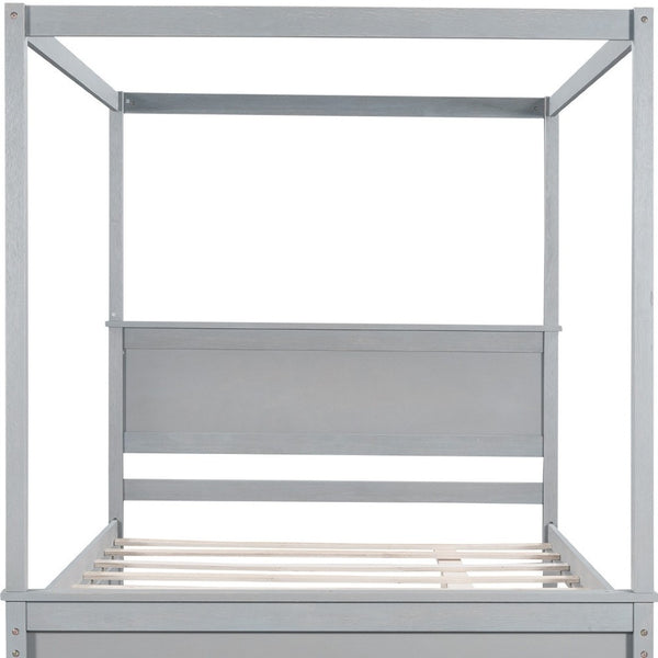 HomeRoots Gray Wood Full Canopy Bed with Trundle - Stylish, Durable Design for Modern Bedrooms & Guests 590694