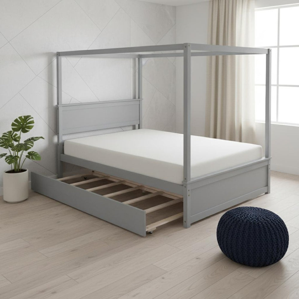 HomeRoots Gray Wood Full Canopy Bed with Trundle - Stylish, Durable Design for Modern Bedrooms & Guests 590694