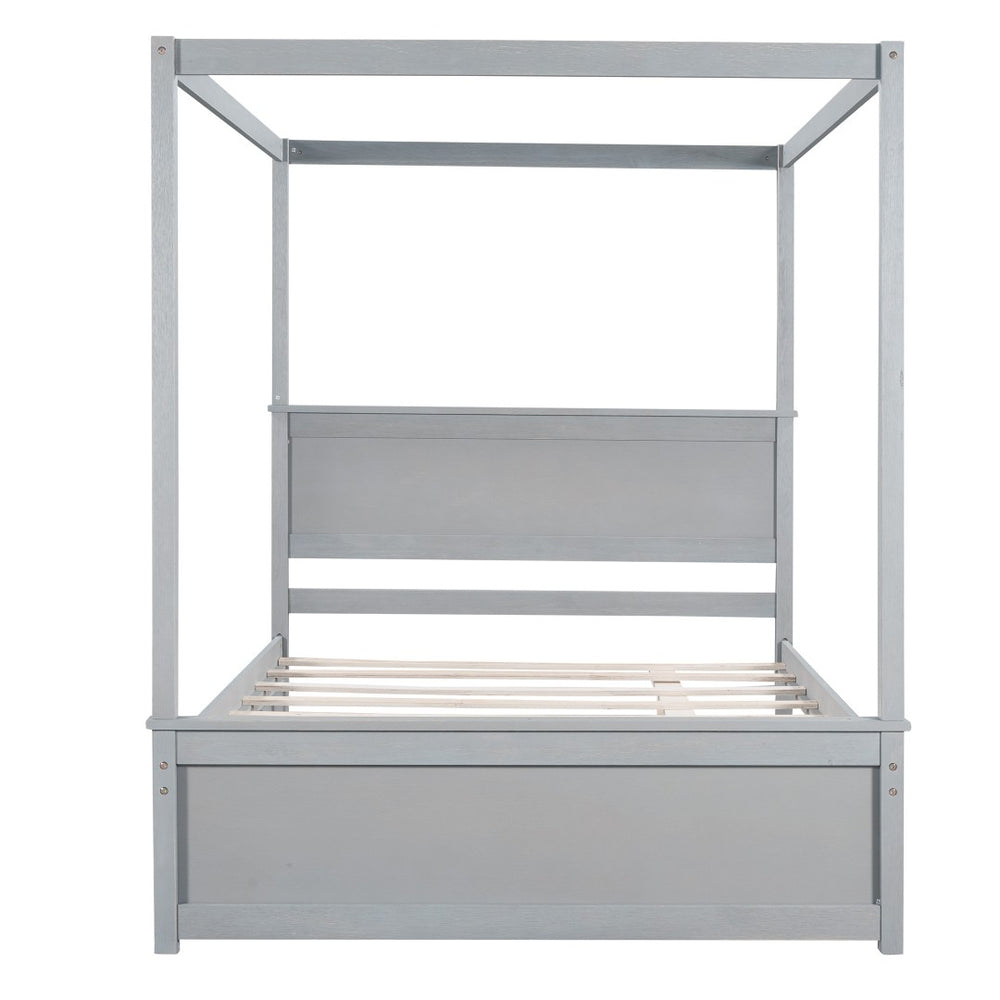 HomeRoots Gray Wood Full Canopy Bed with Trundle - Stylish, Durable Design for Modern Bedrooms & Guests 590694