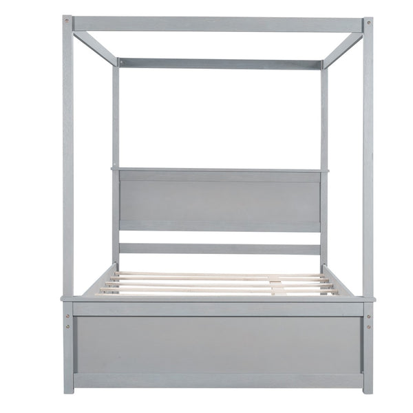 HomeRoots Gray Wood Full Canopy Bed with Trundle - Stylish, Durable Design for Modern Bedrooms & Guests 590694