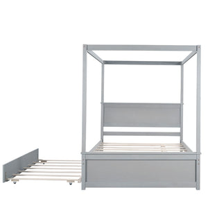HomeRoots Gray Wood Full Canopy Bed with Trundle - Stylish, Durable Design for Modern Bedrooms & Guests 590694