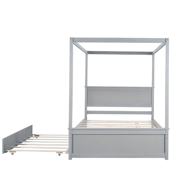 HomeRoots Gray Wood Full Canopy Bed with Trundle - Stylish, Durable Design for Modern Bedrooms & Guests 590694