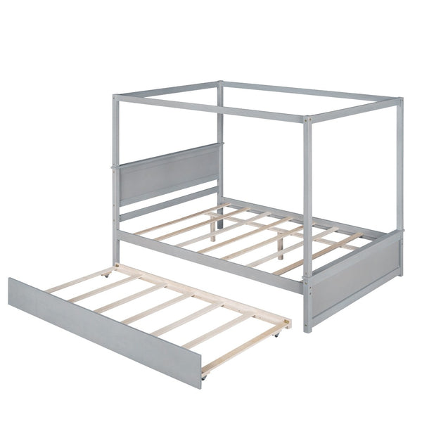 HomeRoots Gray Wood Full Canopy Bed with Trundle - Stylish, Durable Design for Modern Bedrooms & Guests 590694