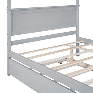 HomeRoots Gray Wood Full Canopy Bed with Trundle - Stylish, Durable Design for Modern Bedrooms & Guests 590694