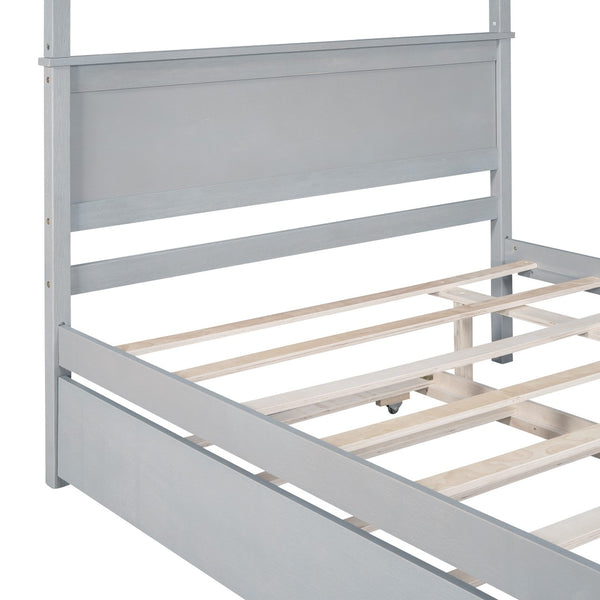 HomeRoots Gray Wood Full Canopy Bed with Trundle - Stylish, Durable Design for Modern Bedrooms & Guests 590694
