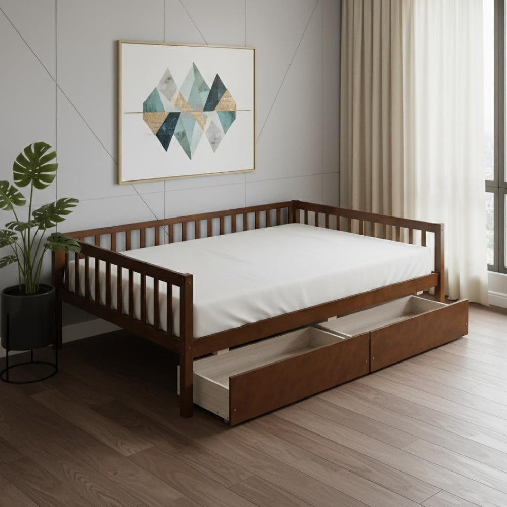 HomeRoots Walnut Wood Full Day Bed Frame – Stylish, Versatile Furniture for Seating & Sleeping in Any Space 590700