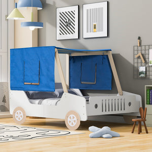 HomeRoots White Wood Full Car Bed Frame – Stylish, Durable Design for a Cozy Children's Sleep Space, 300 lb Capacity 590701