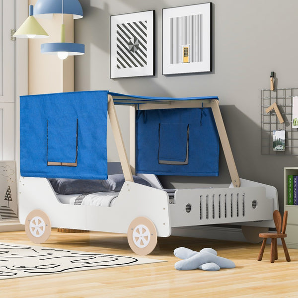 HomeRoots White Wood Full Car Bed Frame – Stylish, Durable Design for a Cozy Children's Sleep Space, 300 lb Capacity 590701