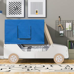 HomeRoots White Wood Full Car Bed Frame – Stylish, Durable Design for a Cozy Children's Sleep Space, 300 lb Capacity 590701