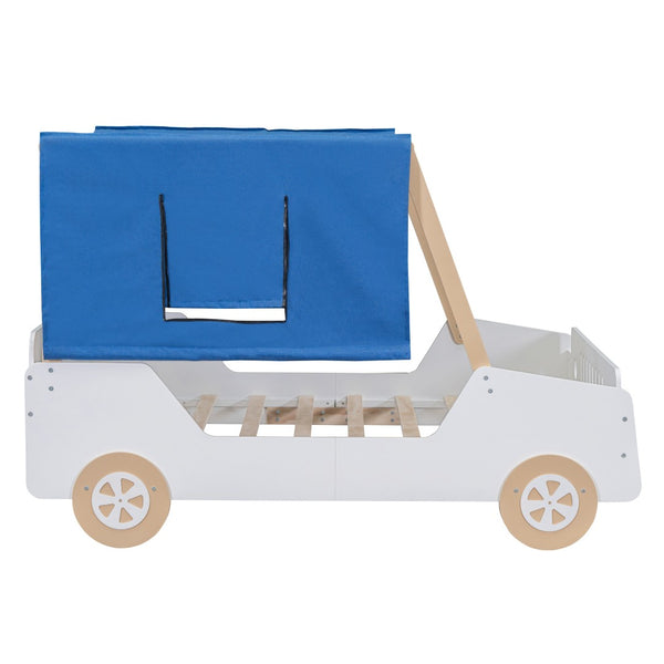 HomeRoots White Wood Full Car Bed Frame – Stylish, Durable Design for a Cozy Children's Sleep Space, 300 lb Capacity 590701