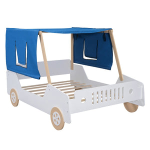 HomeRoots White Wood Full Car Bed Frame – Stylish, Durable Design for a Cozy Children's Sleep Space, 300 lb Capacity 590701