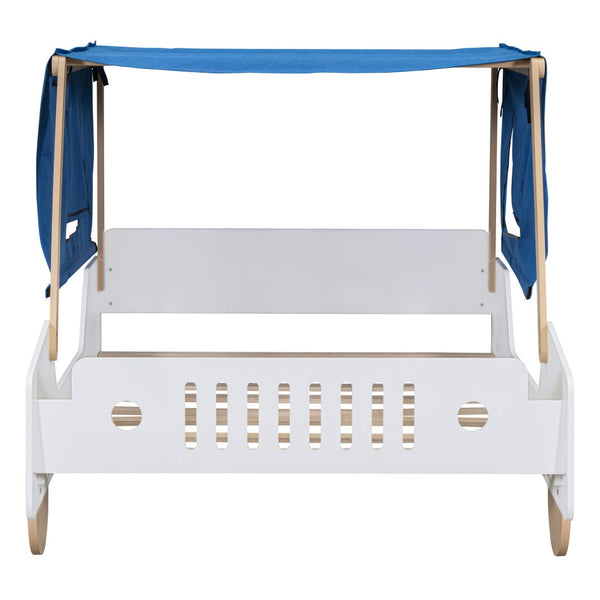 HomeRoots White Wood Full Car Bed Frame – Stylish, Durable Design for a Cozy Children's Sleep Space, 300 lb Capacity 590701