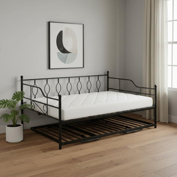 HomeRoots Black Metal Full Day Bed with Pull-Out Trundle - Stylish, Space-Saving Solution for Any Room! 590702