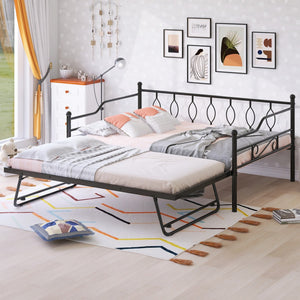 HomeRoots Black Metal Full Day Bed with Pull-Out Trundle - Stylish, Space-Saving Solution for Any Room! 590702