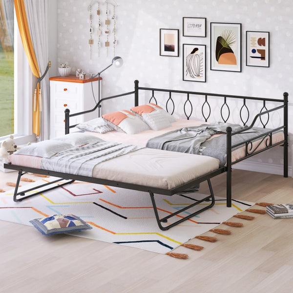HomeRoots Black Metal Full Day Bed with Pull-Out Trundle - Stylish, Space-Saving Solution for Any Room! 590702