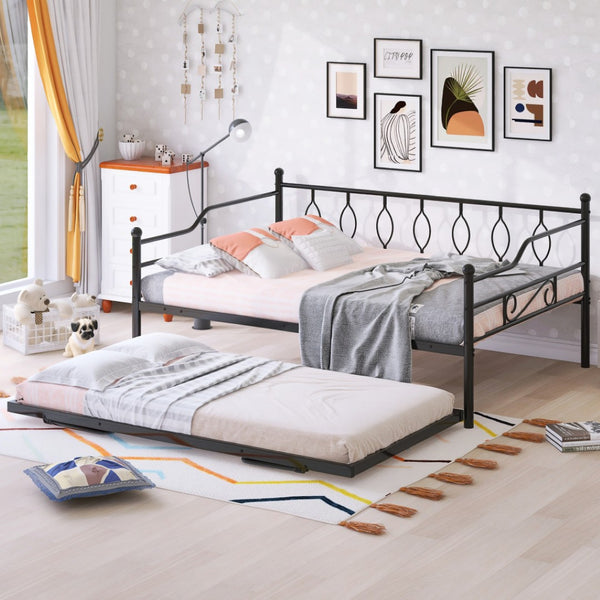 HomeRoots Black Metal Full Day Bed with Pull-Out Trundle - Stylish, Space-Saving Solution for Any Room! 590702