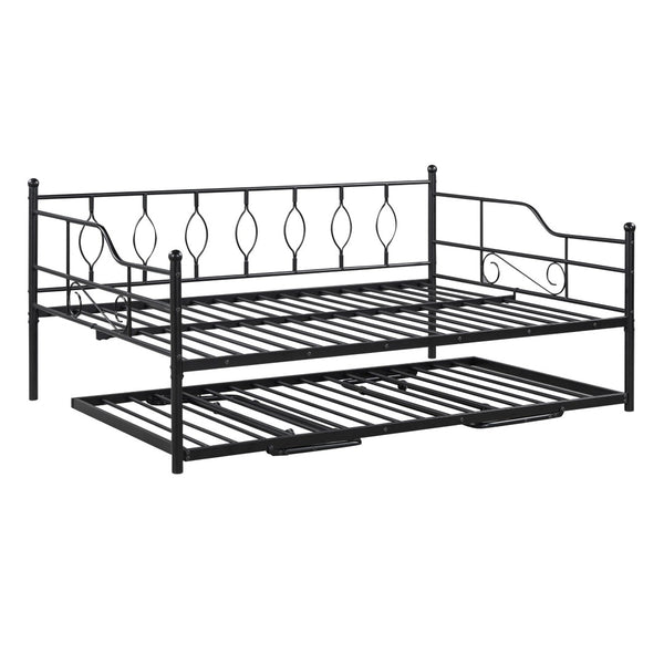 HomeRoots Black Metal Full Day Bed with Pull-Out Trundle - Stylish, Space-Saving Solution for Any Room! 590702