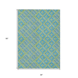 Homeroots 3' Artichoke Green And Aqua Geometric Washable Area Rug For Stylish Indoor Or Outdoor Spaces 3' X 5' Polyester 590703