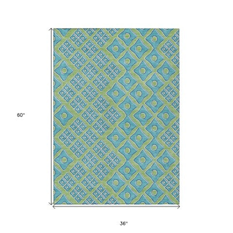 Homeroots 3' Artichoke Green And Aqua Geometric Washable Area Rug For Stylish Indoor Or Outdoor Spaces 3' X 5' Polyester 590703