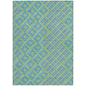 HomeRoots 5' Geometric Artichoke Green and Aqua Area Rug - Washable, Durable Design for Indoor & Outdoor Use 5' X 8' 590704