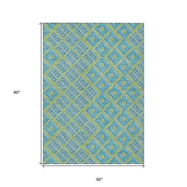 HomeRoots 5' Geometric Artichoke Green and Aqua Area Rug - Washable, Durable Design for Indoor & Outdoor Use 5' X 8' 590704